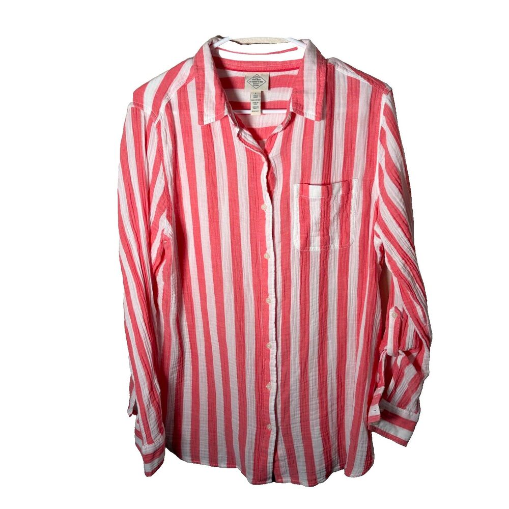 St. John's Bay Tunic Shirt Women's Large Pink Striped Long Sleeve Button Up Top